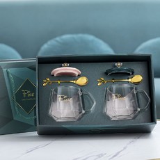 Trestc 투명 유리 커플 머그컵 400ml 선물 세트 티스푼 포함 QQ, 4세트, 그린, 핑크 × 2개입