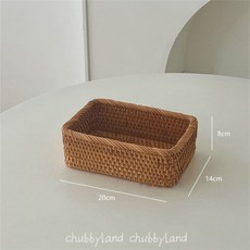 復古藤編長方形收納籃 桌面化妝品整理盒 茶几雜物置物籃 20x14x8cm, 【小號20*10*3cm】桌面收納筐長款 × 1個