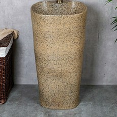 復古立柱式洗手盆 圓形洗手台 高溫陶瓷, 淺黃木紋一體盆無任何配件