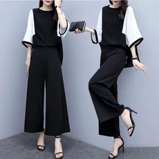 ORZQU 여성 여름 블라우스 +와이드 팬츠 투피스 패치워크 와이드 상의 캐주얼 슬랙스 패션 세트 빅 사이즈