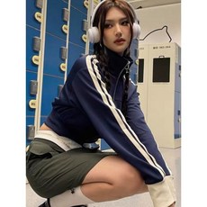 여성용 빈티지 한국 패션 스트릿웨어 집업 크롭 후드 하라주쿠 스트라이프 지퍼 재킷 Y2k Kpop 스웻셔츠 의류