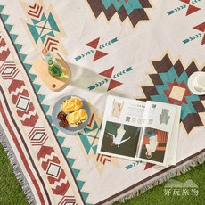 好玩旅物 棉麻編織防水野餐露營地墊 130x180cm, 提瓦納庫圖騰