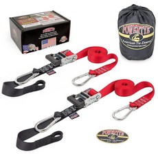PowerTye 3.8cm x 2m(1.5인치 6.5피트) 튼튼한 래칫 타이 다운 스트랩 카라비너 후크 포함 소프트 및 보관 가방 오토바이 ATV 트레일러 화물용 - 453.4, 레드