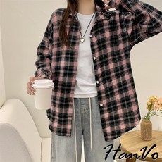 HanVo 格子襯衫 長袖外套 女裝 罩衫 休閒百搭上衣