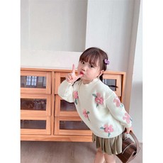 女童針織套頭毛衣，甜美手工花兒童毛衣