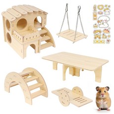 IRRVIN 6점 세트 햄스터 하우스 장난감 나무 두꺼운 내구성 내구성 설치 간단 놀이터 놀이 도구 오두막 귀여운 스티커 포함 스트레스 해소 운동 부족 해소 작은 동물 용품, 1개, 상세페이지 참조