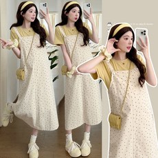 임산부 세트 봄 여름 캐주얼 임부 도트 멜빵 원피스 반팔 티셔츠 투피스 세트 기질 임부복 JZZN