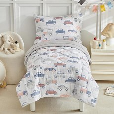 JHXHMX 4피스 유아 침구 세트 남아용 그린 도트 유아 이불 세트 부드러운 아기 침대 시트 세트 퀼트 이불 매트리스 커버 플랫 탑 시트 및 봉투 베개 커버 포함, 자동차