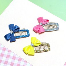 강아지핀 [문펫] 리본반짝이빗살핀 4색 핀대3.2cm (전체4.5cm) 똑핀 빗살삔 똑딱핀 빗살핀, 1개, 노랑