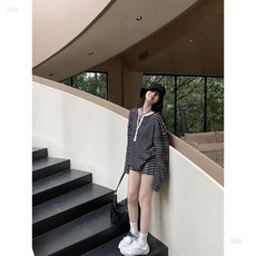 休閒運動套裝女夏季新款撞色條紋T恤 小個子鬆緊腰直筒短褲兩件套