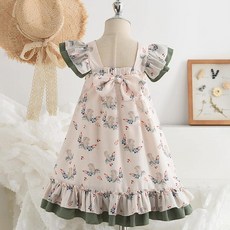 女童夏季印花連衣裙 飛袖花邊公主裙