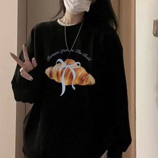 cammello 여성 크로와상 프린트 맨투맨 오버핏 긴팔티 일반 기모