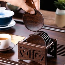 黑檀木杯墊 功夫茶具配件 實木隔熱墊, 1個, 黑檀 小號圓形鏤空杯墊 6片+底座