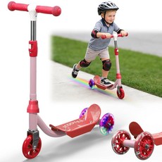 CALCHELE 아동용 킥 스쿠터 만 3-6세 아동용 킥 스쿠터 높이 조절 가능한 LED 조명 3륜 스쿠터 남아 여아용 긴 미끄럼 방지 데크 레드, CALCHELE 아동용 킥 스쿠터, 만 3-6세 아동용