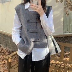 여성 라운드넥 베이직 민소매 가디건 루즈핏 언발 단추 니트 조끼