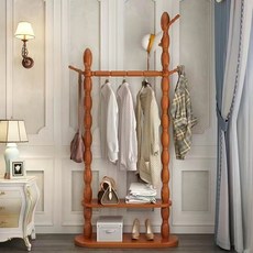 實木掛衣架落地臥室衣帽架，歐式門廳入戶客廳簡約一體式架子衣帽架 晾衣桿 掛衣架, 雙層-柚木色-【帶鞋架60】