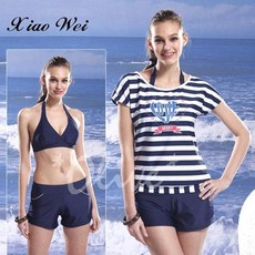 泳之美 藍白條紋短袖外罩衫 四件式泳裝