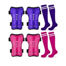 Hryrbay 아동용 축구 정강이 보호대 및 양말 2쌍 세트 유아 패드 보호 장비 만 3-15세 남아 여아용 훈련 또는 월드컵에서 영감을 얻은 게임에 적합 퍼플 로즈 레, Purple, Rose Red