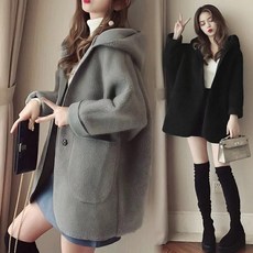 shiny藍格子單扣連帽羊羔毛寬鬆長袖外套 寬鬆舒適