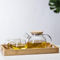 高硼硅玻璃茶壺 竹蓋涼水壺, 1個, 1000ml竹包鋼蓋壺2盃茶盤
