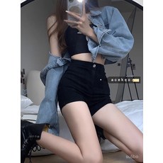 2025년 여름 여성용 블랙 데님 반바지 하이웨이스트 루즈핏 A라인 초미니 핫팬츠 슬림핏 얇은 소재 스타일리시하고 다용도로 활용 가능