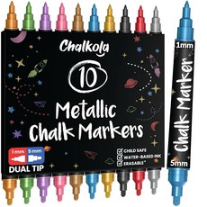 칠판용 Chalkola 듀얼 팁 액체 칠판 마커 메탈릭 색상 10개 1mm 5mm 미세 굵은 글씨 - 표지판 자동차 창문 유리 거울용 건식 지우기 마커 펜 가능한, Dual Tip- 1mm+5mm