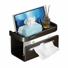免打孔浴室置物衛生紙盒，頂部平台收納手機香氛，簡約現代風格，輕鬆安裝，浴室收納好幫手, 1個, 黑色
