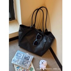 托特包单肩包帆布大容量男輕便防水手提簡約女士肩背包, 黑色pu菱格托特包