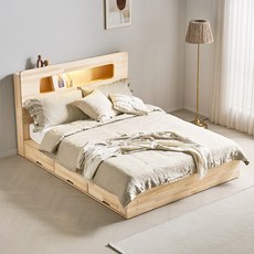 보루네오 코지 3서랍 편백나무침대 원목 수납헤드 더블 본넬매트리스, 내추럴