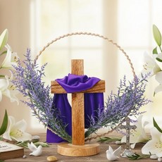 Glitinsel 부활절 십자가 테이블 장식 금속 꽃무늬 후프 30.5cm(12인치) 소박한 나무 센터피스 베이스 퍼플 스카프 라벤더 세례 가정 교회 기독교 종교 선물 2557