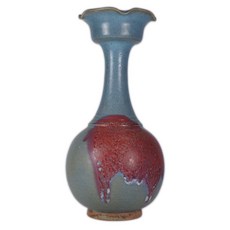 《博古珍藏》元代鈞窯天青釉紫斑花口瓶 早期收藏老件花瓶 博物館級文物