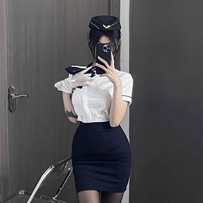 스튜어디스코스프레 빅사이즈 제복코스튬 행사용 디자인 세트, 1개, XL 네이비 2세트+스타킹+승무원 모자