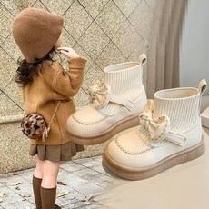 冬季熱賣 韓版時尚透氣女童短靴 2025新款秋冬蝴蝶結公主鞋 兒童黑色皮鞋軟底女孩公主襪子靴 休閒鞋 童鞋