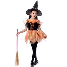 洋洋小品兒童桔色小魔女裝小孩巫婆裝俏麗女巫萬聖節服裝聖誕節佈置造型裝扮服聖誕舞會派對洋裝表演舞台巫婆套裝