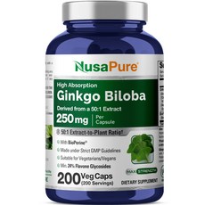 NusaPure 징코 빌로바 50:1 추출물 250mg 베지테리언 캡 1개당 12 500mg에 해당, 4개, 200정