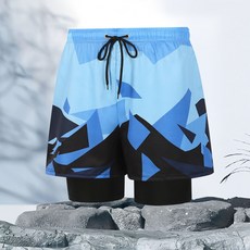 男士成人雙層平角五分泳褲 防尷尬專業方格沙灘游泳褲