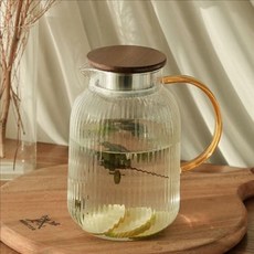 홈카페 내열 유리 물병 우드 유리 물병 냉장고 주스 뚜껑 enj+3482Bs