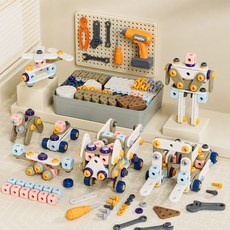 토요요 어린이 자동차 포크레인 조립 장난감 전동 드릴 공구함 나사 블럭 DIY 역할놀이 완구 세트PZ-GJ1, 1세트, 215피스 조립공구 장난감 1세트, 215피스 조립공구 장난감
