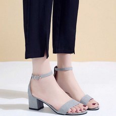 스웨이드 소재 발목 스트랩 골드버클 미들굽 토오픈힐 zli+681xT