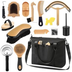 Abbylike 15피스 말 그루밍 키트 오거나이저 토트백 압정 룸 용품 말 브러시 세트 케어 말 청소 키트 쉐딩 그루밍 마사지 도구 (베이지), 블랙
