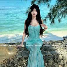 2025新款比基尼法式綠色印花網紗海邊沙灘包臀性感高級顯瘦魚尾裙