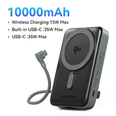 Vention Qi2 마그네틱 10000mAh 15W 파워뱅크 PD 35W 내장형 C 케이블 인증 아이폰 17 맥세이프 충전기, 01 10000mAh Qi2 Black, 01 10000mAh