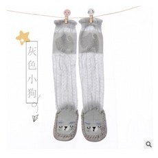 寶寶小童超薄卡絲膝蓋點膠地板襪防蚊中筒皮底襪 灰色小狗