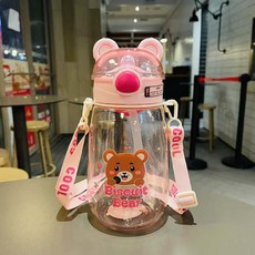 可愛小熊吸管杯 兒童卡通寶寶水壺 便攜防摔, 粉紅色 550ml, 1個