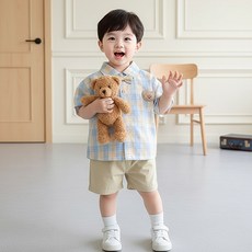 몽실이 곰패치 체크 셔츠 반팔상하복 아기 남아 여아 유아 어린이집 생일 옷 하객룩 여름 상하세트