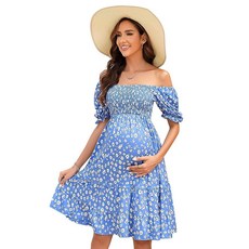 [ 975383 ] 뷰티니 꽃무늬 프린트 임산부 드레스 짧은 퍼프 소매 스퀘어 넥 러플 밑단 캐주얼 스윙 드레스 블루