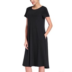 MISSKY 반팔 플러스 사이즈 루즈핏 포켓 스윙 여름 미디 캐주얼 드레스 여성용 (M 블랙-반팔) 블랙/반소매