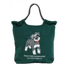 迷你雪納瑞刺繡手提袋，時尚繩索手柄，深綠色大容量購物袋，手工刺繡帆布包, 深綠色, 1個