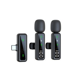 7Shadows 무선 클립 마이크 1대2 디지털 표시 노이즈 감소 라이브/숏폼/인터뷰 전용, Black, Type-C port(2 pack)