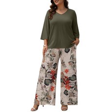 Auciccoo 여성용 플러스 사이즈 투피스 의상 7부 소매 튜닉 탑 꽃무늬 프린트 벨트 와이드 레그 바지 세트 여행용 라운지 세트 화이트 블랙 플로럴.118652